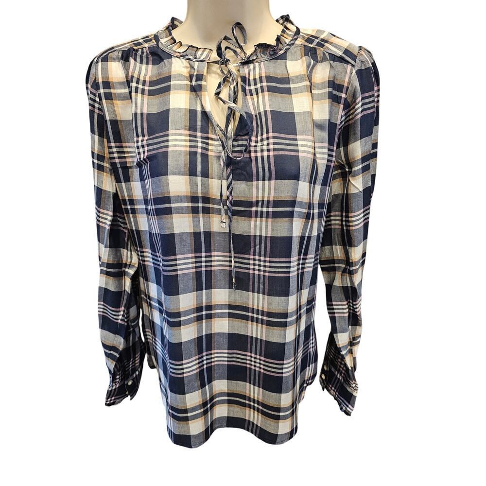 NWT Ann taylor 100% Lyocell size S keyhole tie collar blue plaid peasant new